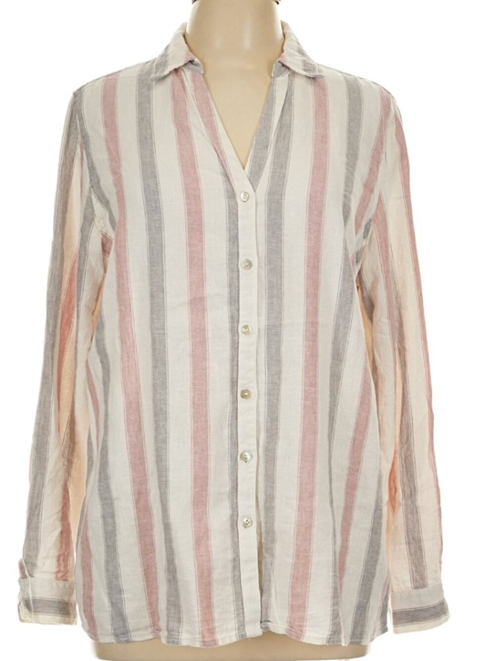 NEW WITH TAGS Tahari Roll Tab Striped Linen Blend Pink/Gray/White Button down M